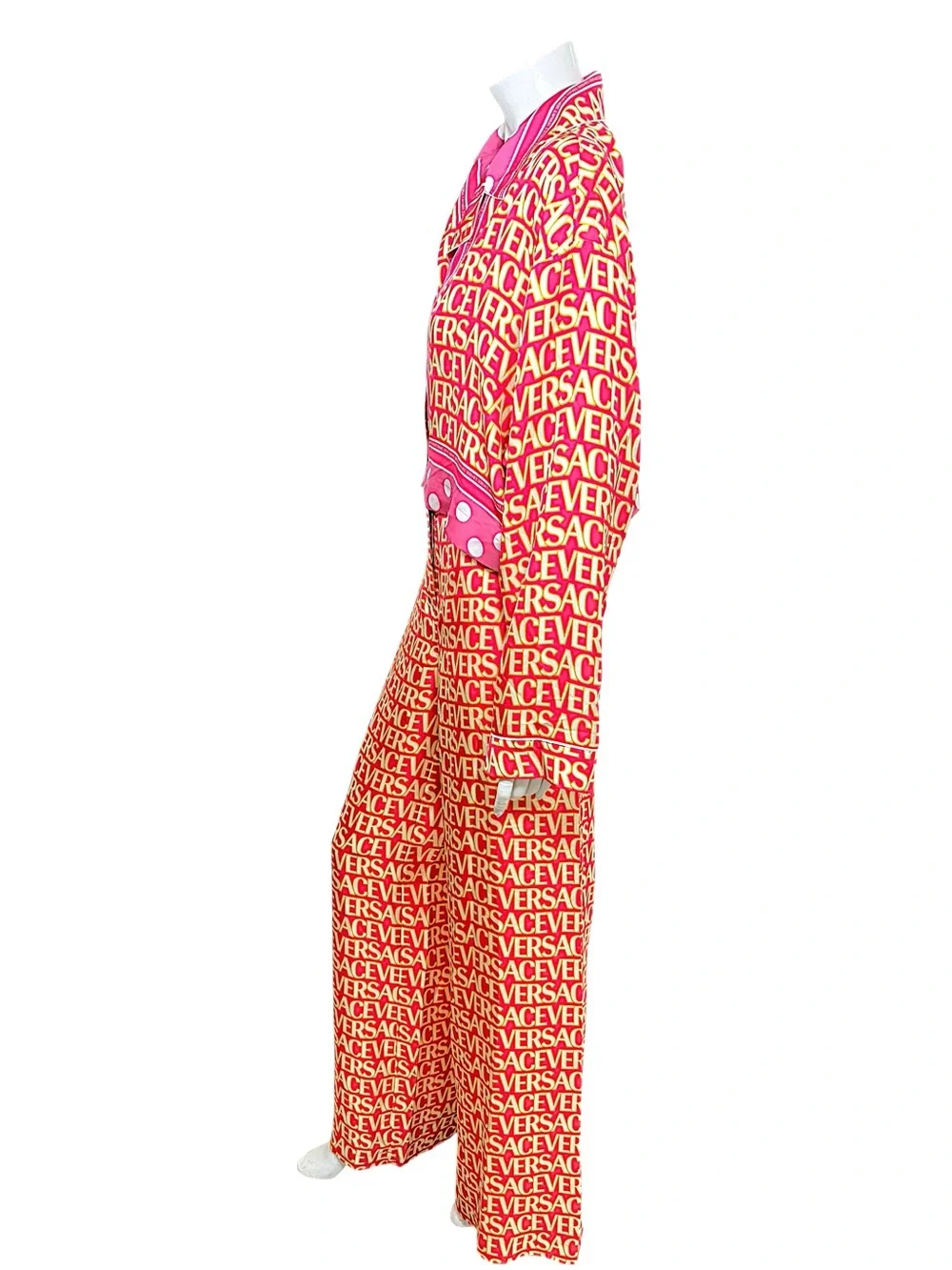 Versace x Dua Lipa 2023 Silk Logo Print Shirt & Wide Leg Pants Set
